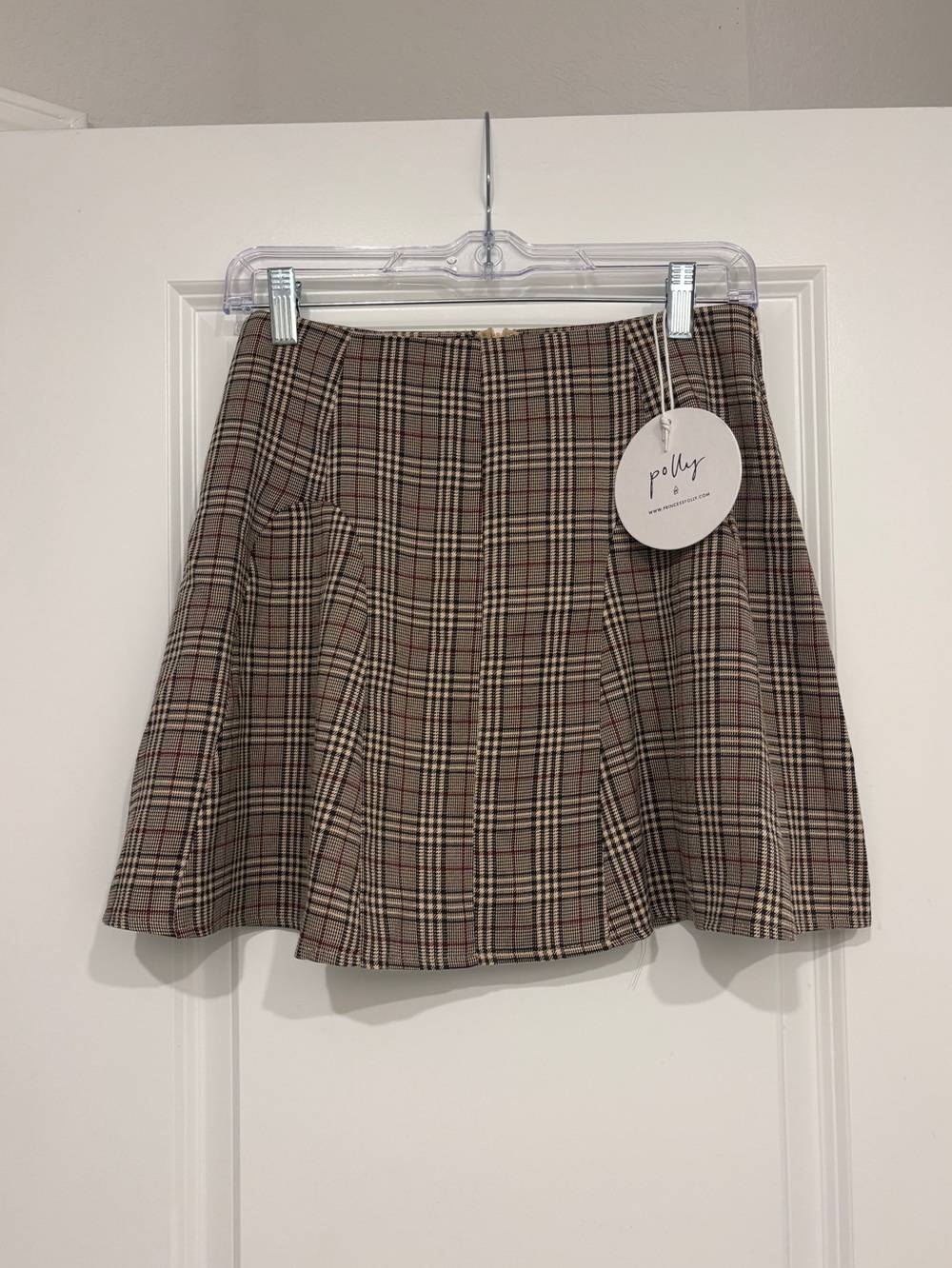 Princess Polly Beige Plaid A-line Mini Skirt with Red Accents
